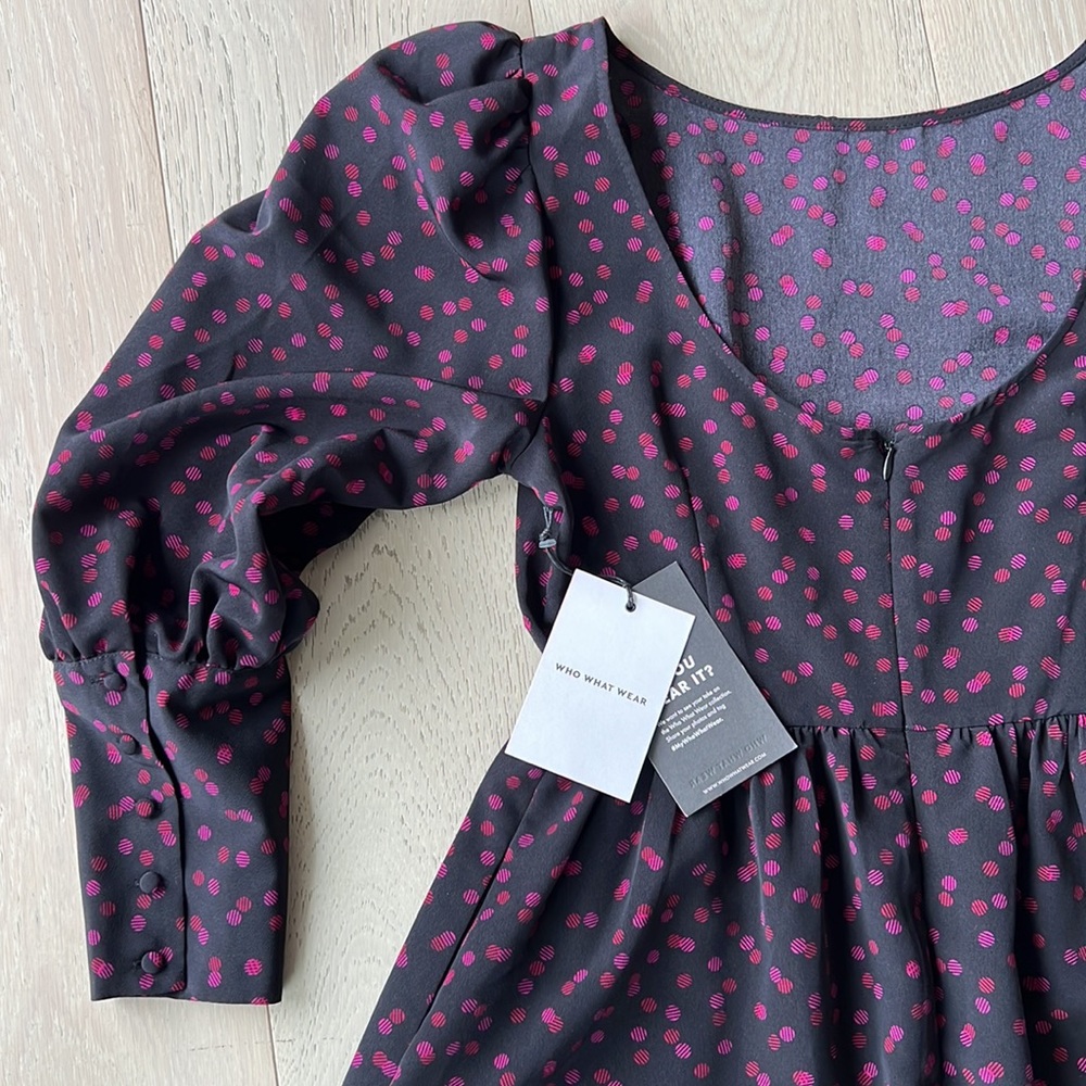 Who What Wear NWT maxi dress, black with red/pink polka dots, size S